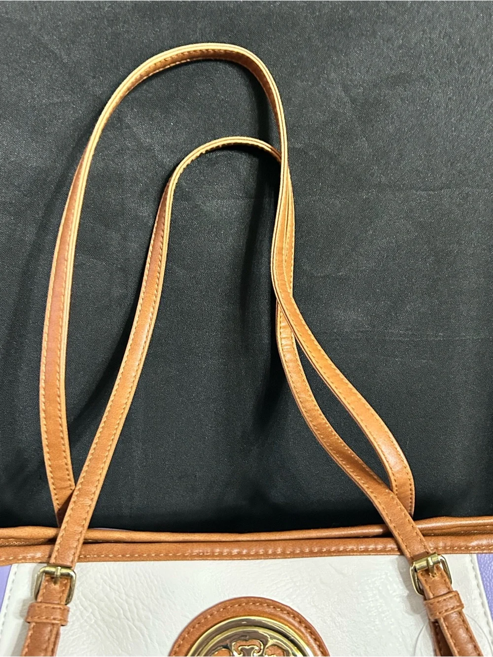 Women’s White & Lavender Tote Bag with Brown Trim & Gold Accent NWT